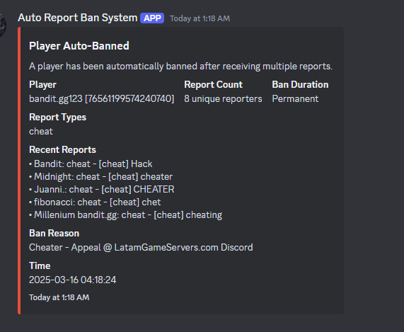 AutoReportBan plugin - Automatically bans players who receive multiple reports within a time window using Rust's native F7 report system. screenshot 2